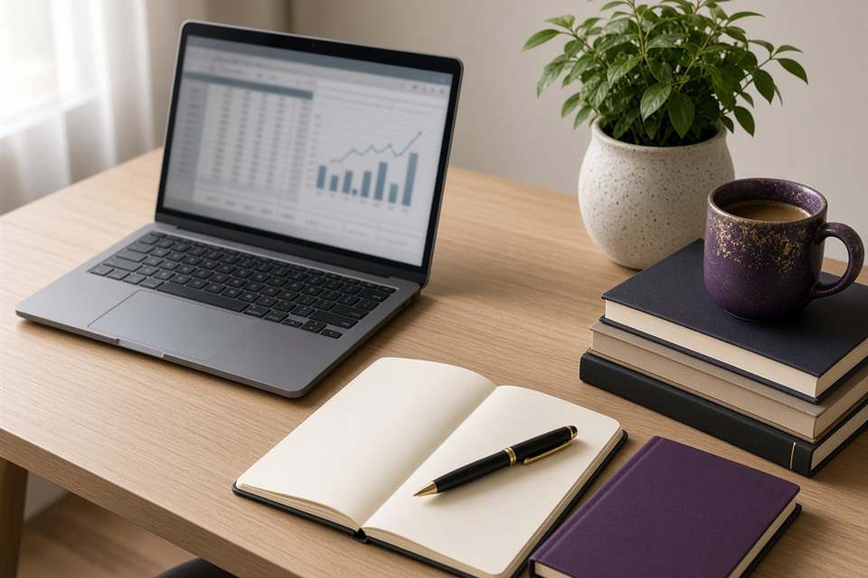 Mesa de trabalho com material de apoio para produção de conteúdo editorial